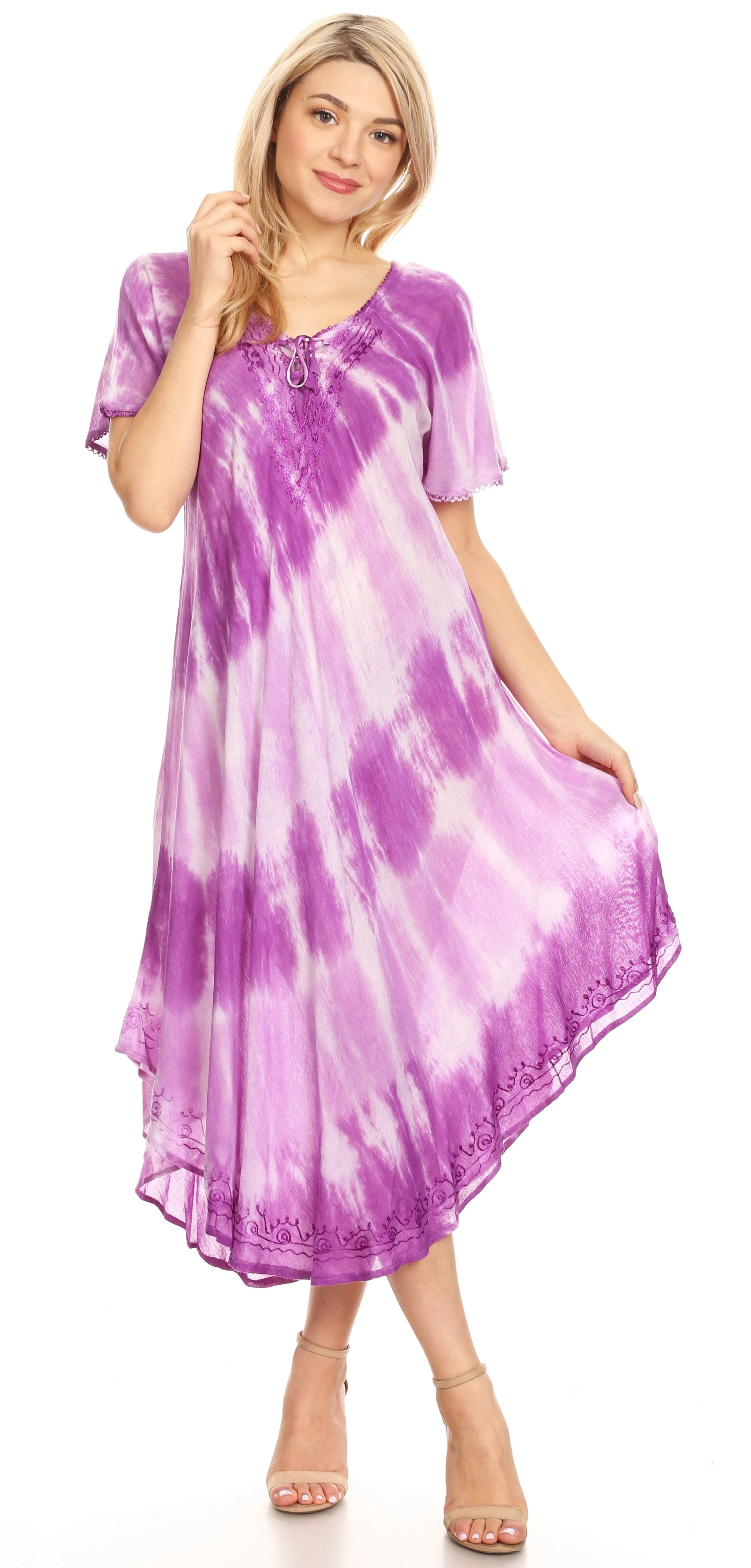 Sakkas Dalida Women's Short Sleeve Corset Tie dye Embroidered Flared Dress