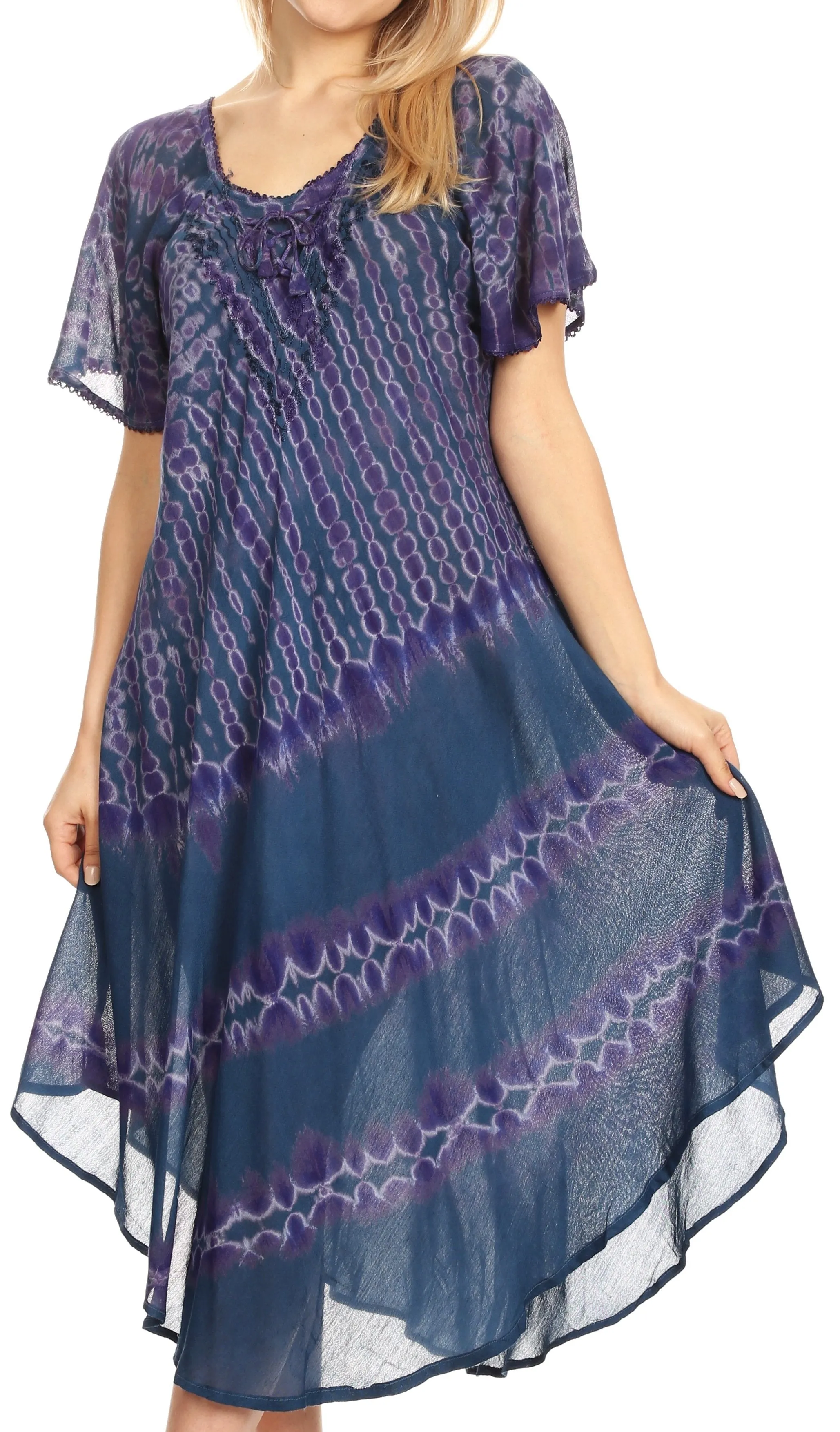 Sakkas Dalida Women's Short Sleeve Corset Tie dye Embroidered Flared Dress