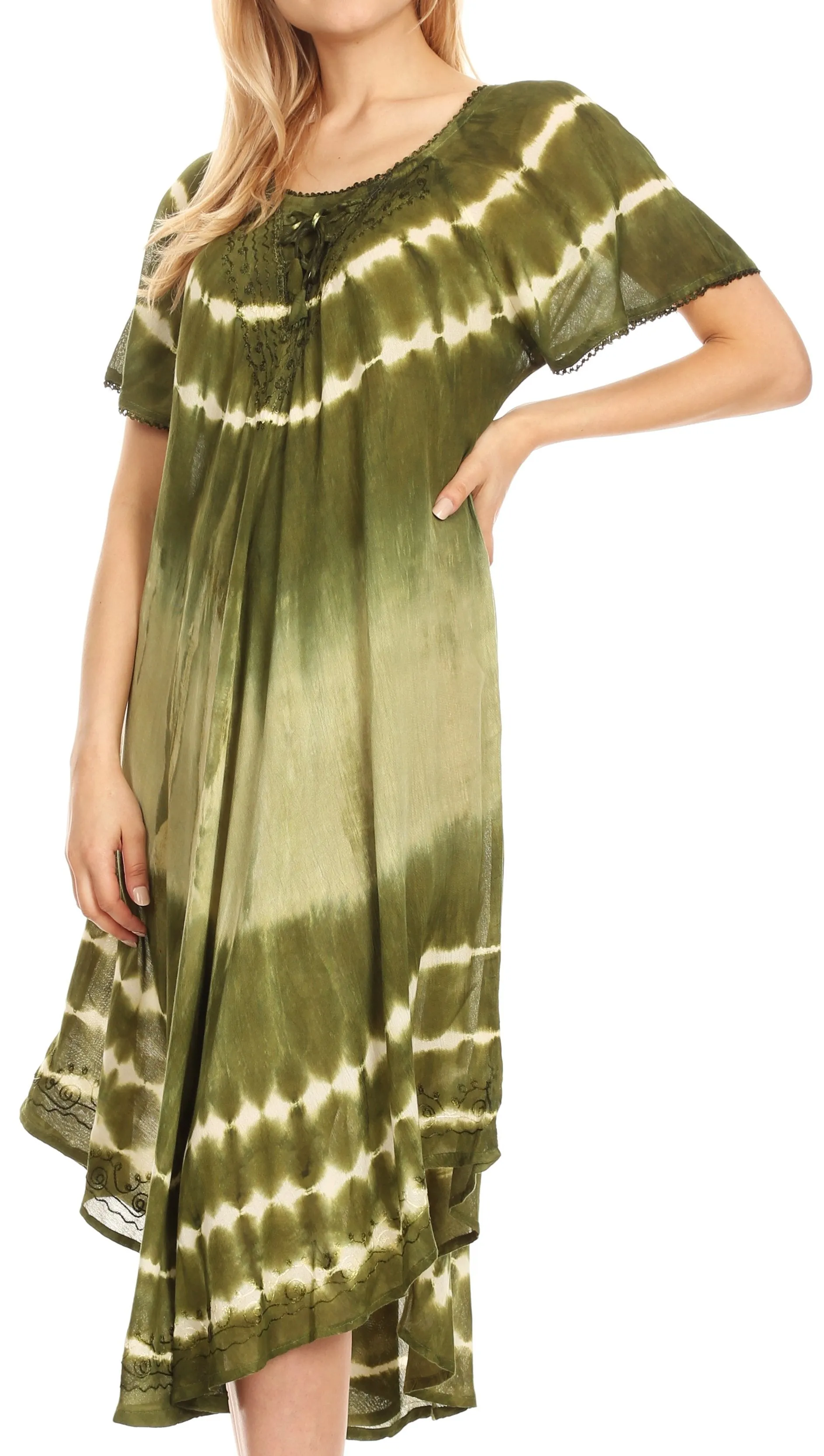Sakkas Dalida Women's Short Sleeve Corset Tie dye Embroidered Flared Dress