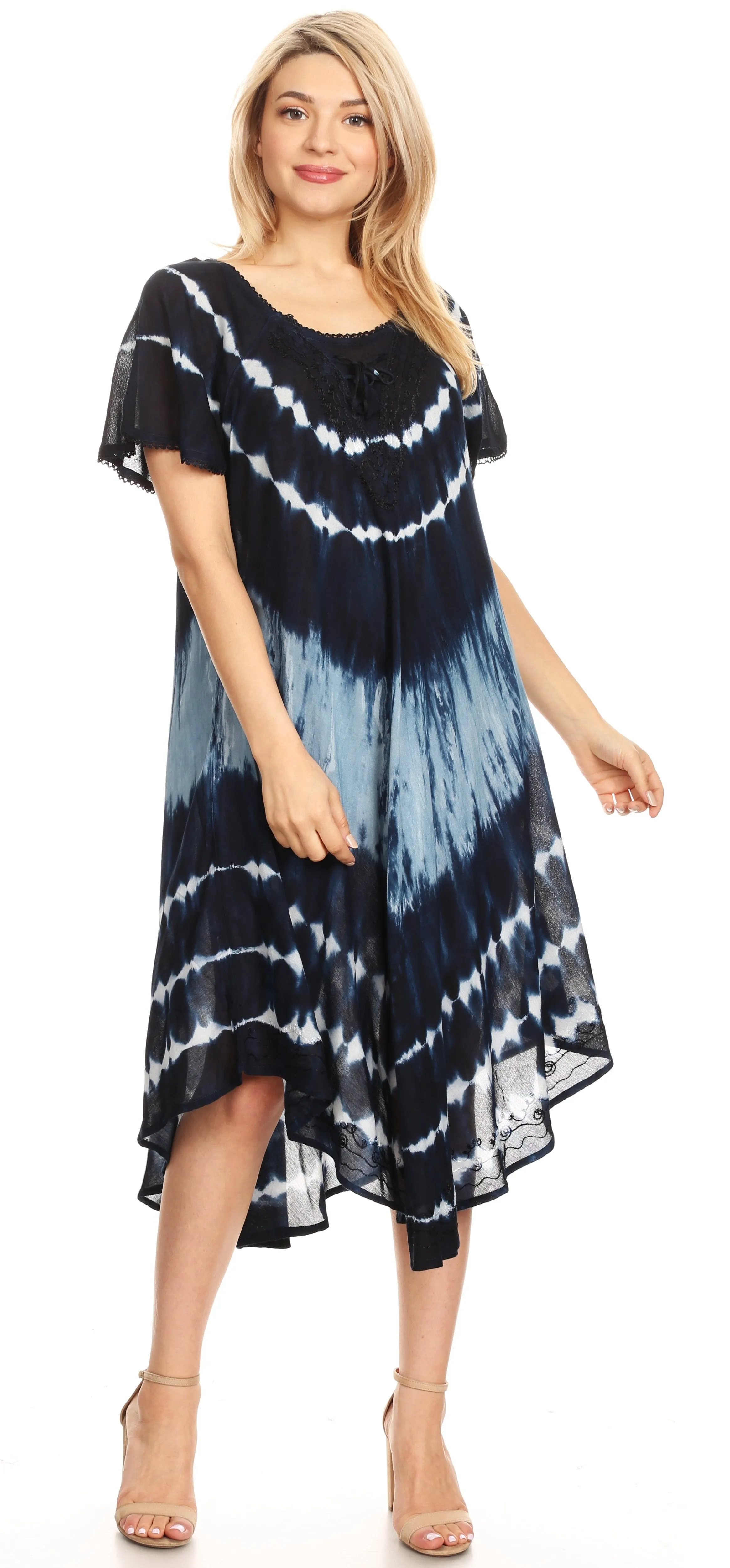 Sakkas Dalida Women's Short Sleeve Corset Tie dye Embroidered Flared Dress