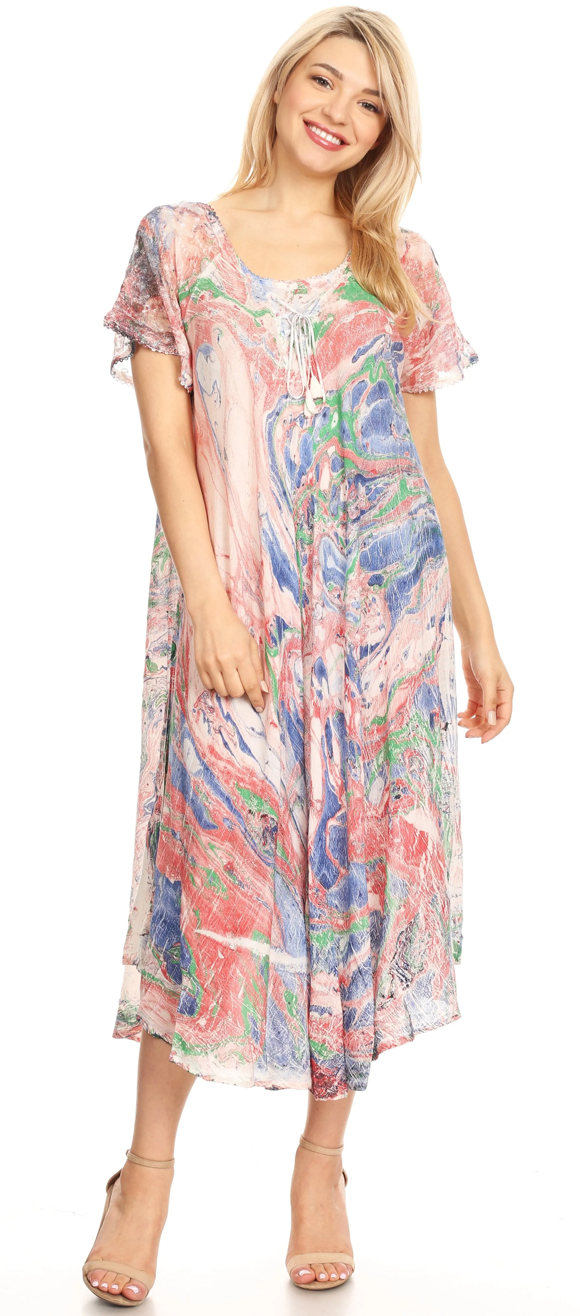 Sakkas Dalida Women's Short Sleeve Corset Tie dye Embroidered Flared Dress
