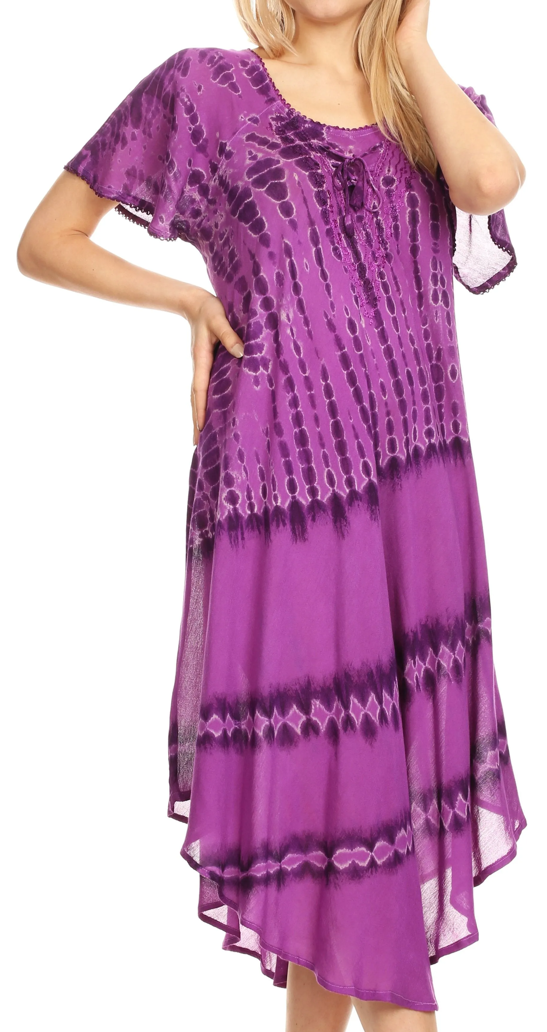 Sakkas Dalida Women's Short Sleeve Corset Tie dye Embroidered Flared Dress