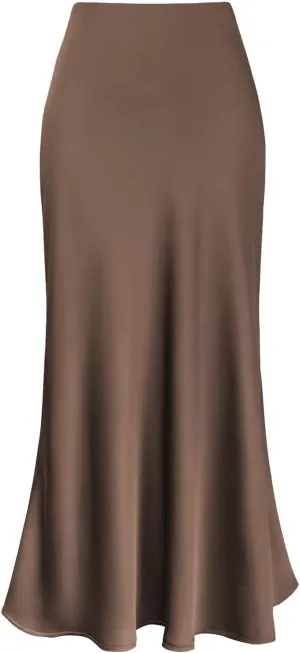 Satin for Women High Waisted Hidden Elasticized Waistband Flared Casual A Line Midi Skirts