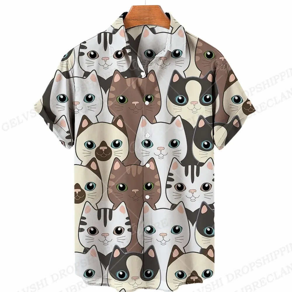 Summer Hawaiian Shirts Shape 3D Printed Shirts Men Women Fashion Shirt Beach Blouse Men's Vocation Blouses Animal Clothing Cat
