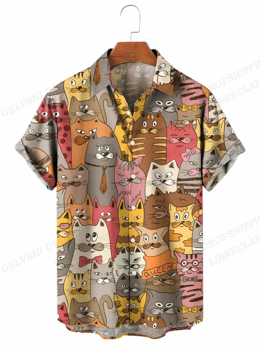 Summer Hawaiian Shirts Shape 3D Printed Shirts Men Women Fashion Shirt Beach Blouse Men's Vocation Blouses Animal Clothing Cat
