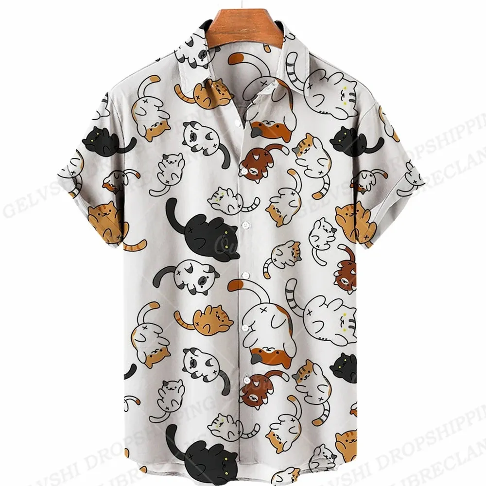 Summer Hawaiian Shirts Shape 3D Printed Shirts Men Women Fashion Shirt Beach Blouse Men's Vocation Blouses Animal Clothing Cat
