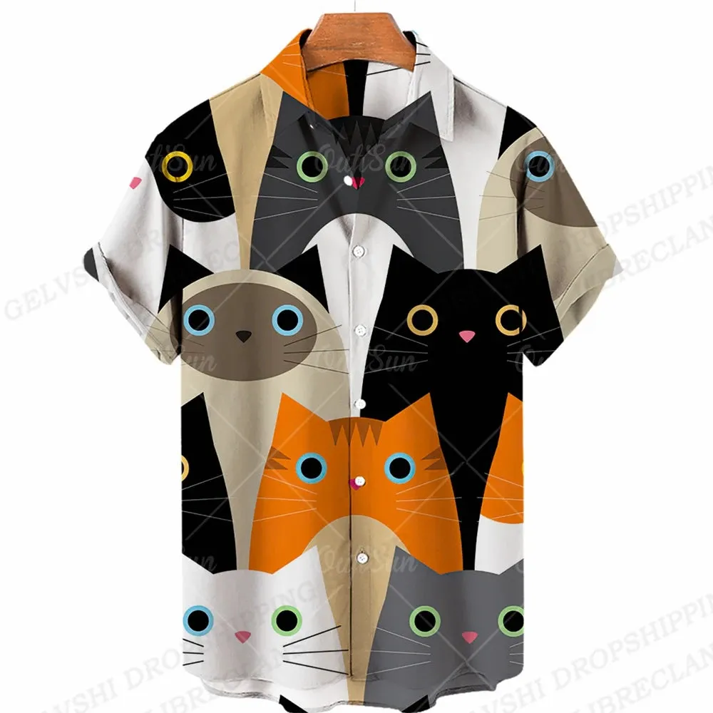 Summer Hawaiian Shirts Shape 3D Printed Shirts Men Women Fashion Shirt Beach Blouse Men's Vocation Blouses Animal Clothing Cat