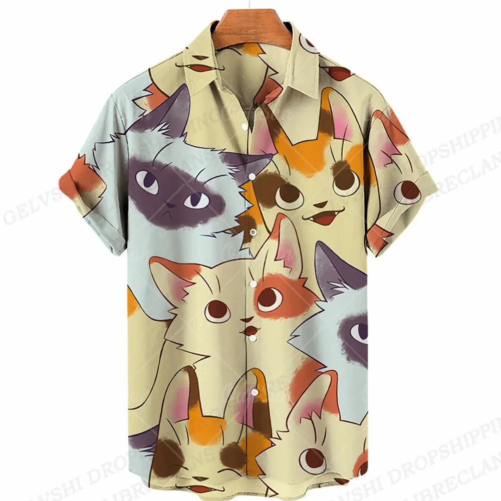 Summer Hawaiian Shirts Shape 3D Printed Shirts Men Women Fashion Shirt Beach Blouse Men's Vocation Blouses Animal Clothing Cat