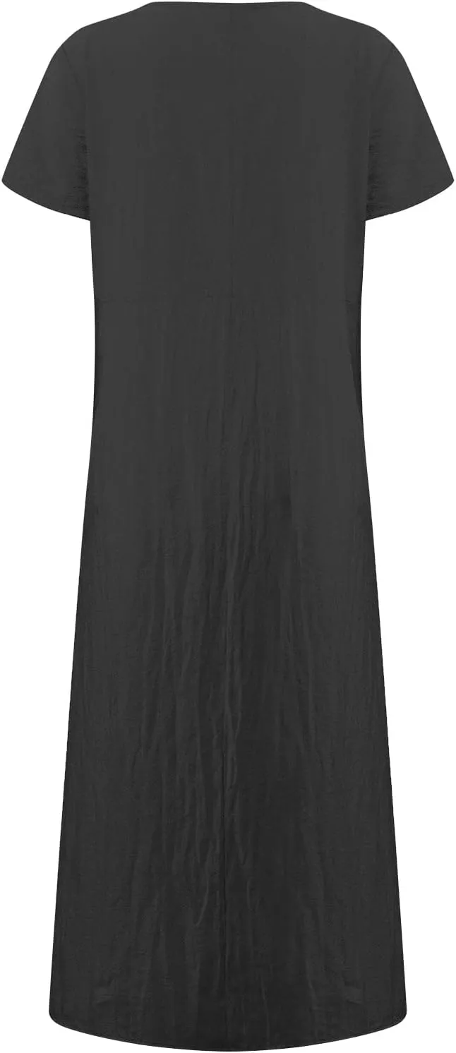 Summer Linen Maxi Dresses for Women Boho Casual Short Sleeve Loose Comfy Beach Vacation Long Dress with Pockets