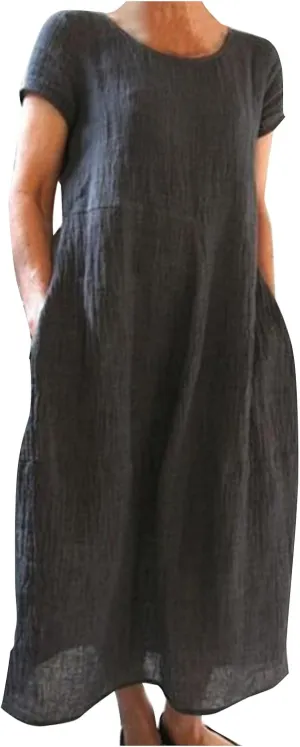 Summer Linen Maxi Dresses for Women Boho Casual Short Sleeve Loose Comfy Beach Vacation Long Dress with Pockets