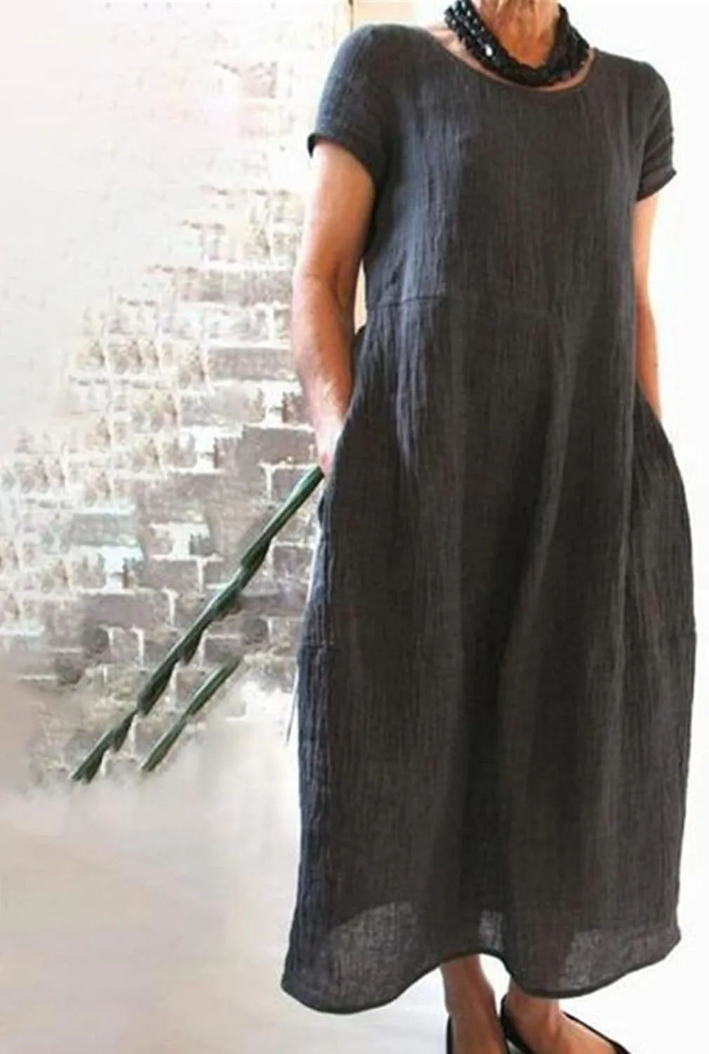 Summer Linen Maxi Dresses for Women Boho Casual Short Sleeve Loose Comfy Beach Vacation Long Dress with Pockets