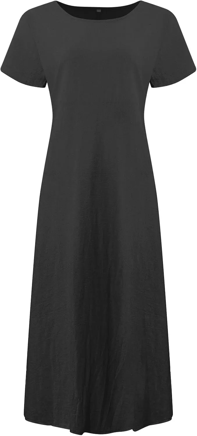 Summer Linen Maxi Dresses for Women Boho Casual Short Sleeve Loose Comfy Beach Vacation Long Dress with Pockets
