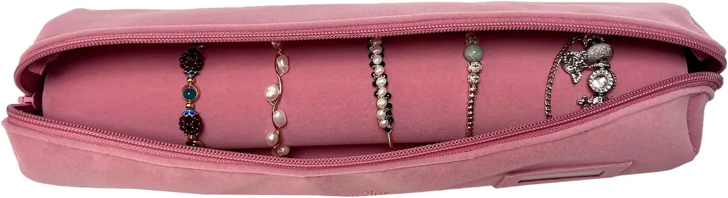 Velvet Jewelry Roll Bag for Brackets Bangles Watches, Great Jewelry Organizer for Travel, Blush Pink