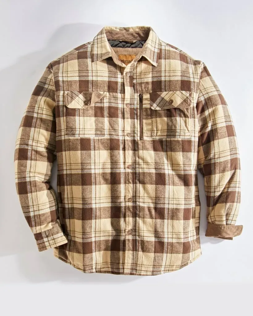 Venado Men's Plaid Shirt Jacket -Long Sleeved Quilt Lined Brushed Flannel Rugged Shirt