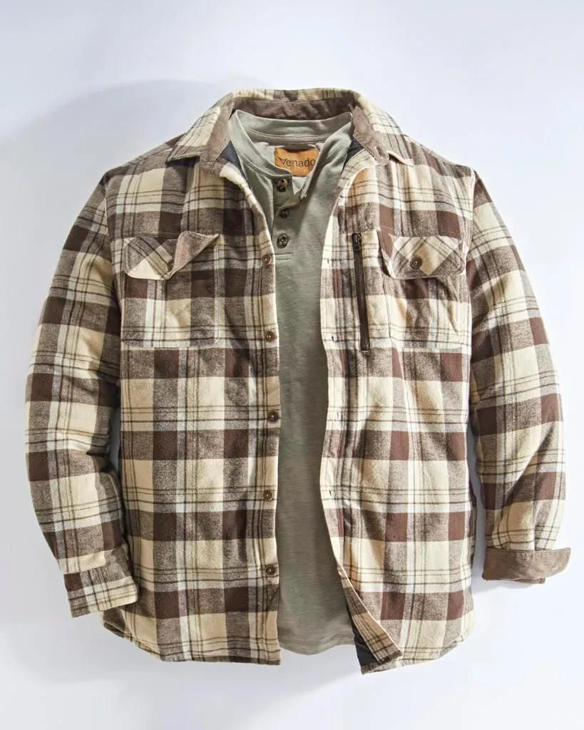 Venado Men's Plaid Shirt Jacket -Long Sleeved Quilt Lined Brushed Flannel Rugged Shirt