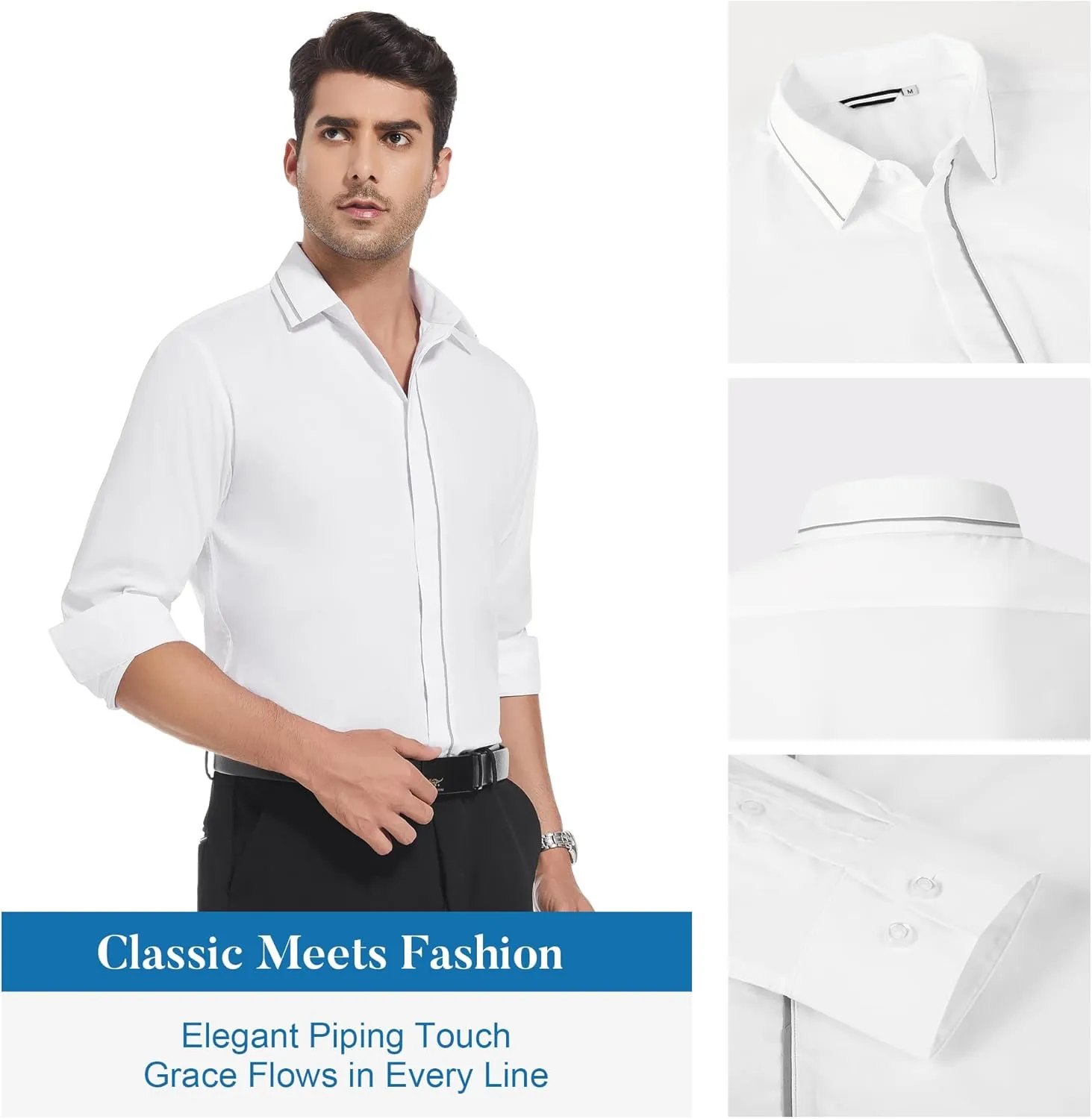 WARHORSEE Mens Casual Button Down Dress Shirts Long Sleeve 4-Way Stretch Collared Printed Business Work Shirt