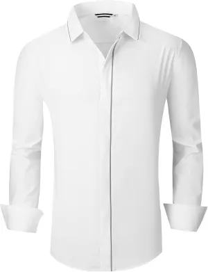 WARHORSEE Mens Casual Button Down Dress Shirts Long Sleeve 4-Way Stretch Collared Printed Business Work Shirt