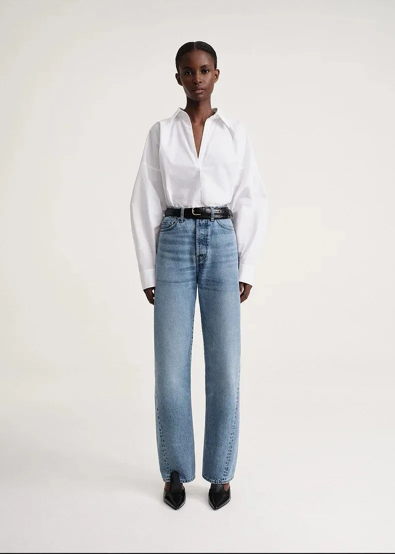 White V-Neck Batwing Blouse with Buttons for Spring