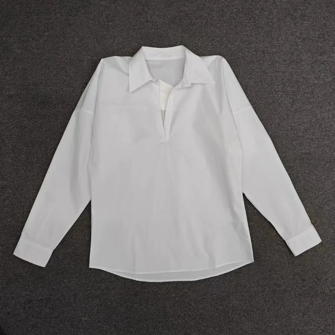White V-Neck Batwing Blouse with Buttons for Spring