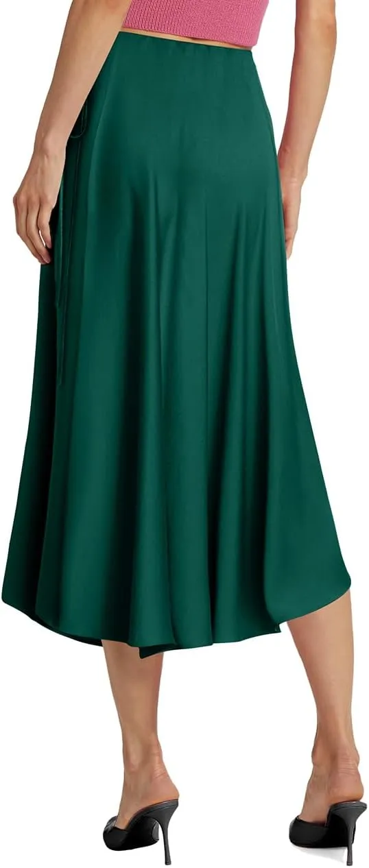 WISFRUIT Women's Satin Midi Skirts Silk A Line Flowy Ruffle Zipper Elegant Flared Cocktail Party Maxi Long Skirt