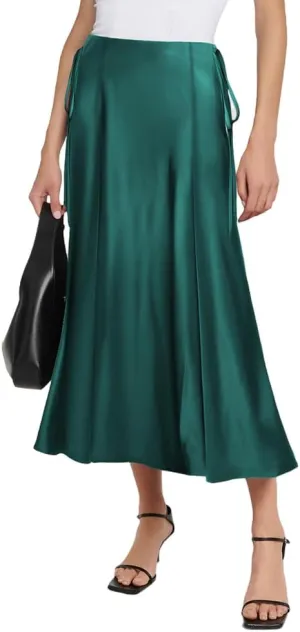 WISFRUIT Women's Satin Midi Skirts Silk A Line Flowy Ruffle Zipper Elegant Flared Cocktail Party Maxi Long Skirt