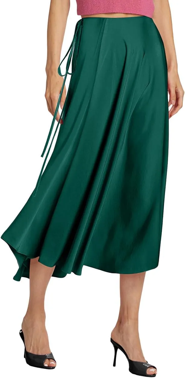 WISFRUIT Women's Satin Midi Skirts Silk A Line Flowy Ruffle Zipper Elegant Flared Cocktail Party Maxi Long Skirt
