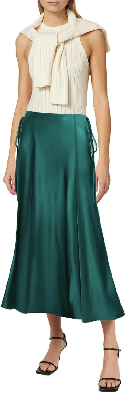 WISFRUIT Women's Satin Midi Skirts Silk A Line Flowy Ruffle Zipper Elegant Flared Cocktail Party Maxi Long Skirt