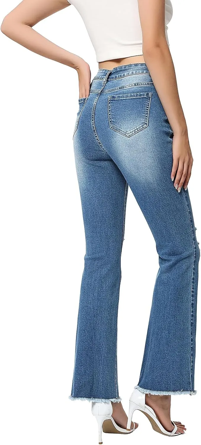 Women High Rise Boot Cut Jeans Ripped Stretchy Flared Denim Pants