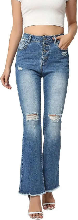 Women High Rise Boot Cut Jeans Ripped Stretchy Flared Denim Pants