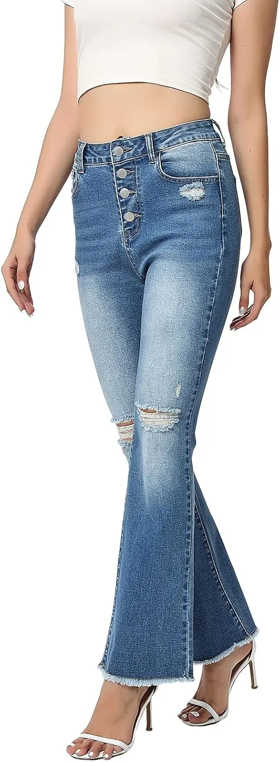 Women High Rise Boot Cut Jeans Ripped Stretchy Flared Denim Pants