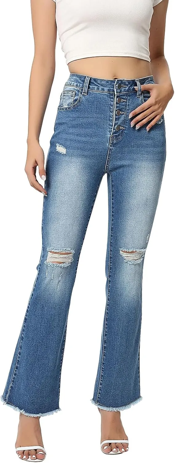 Women High Rise Boot Cut Jeans Ripped Stretchy Flared Denim Pants