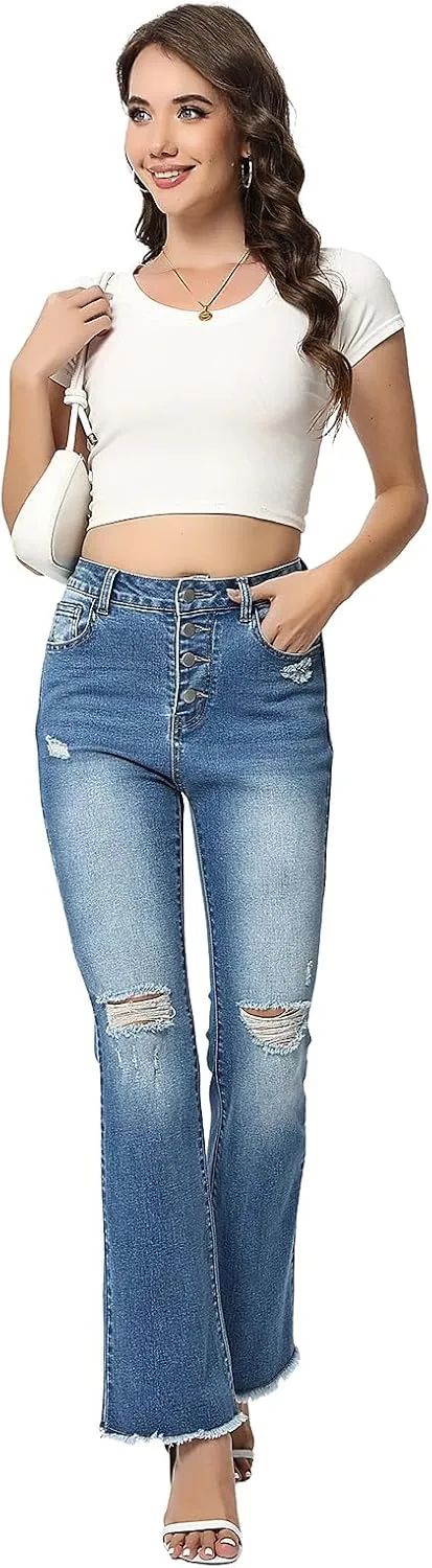Women High Rise Boot Cut Jeans Ripped Stretchy Flared Denim Pants