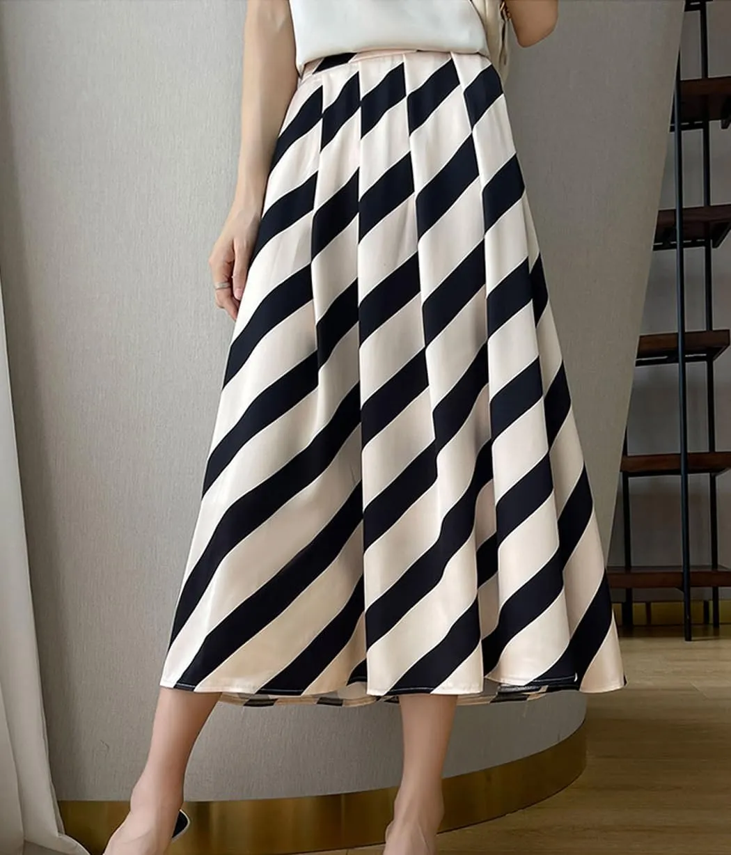 Women Long Satin Skirt Silk Stripe Contrast Hidden Elasticized Waistband High Waist Cocktail Party Flared A-Line Midi Skirts