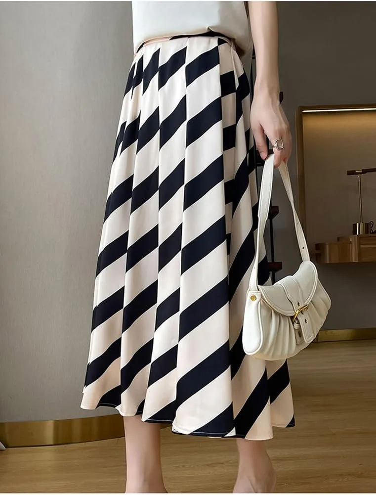 Women Long Satin Skirt Silk Stripe Contrast Hidden Elasticized Waistband High Waist Cocktail Party Flared A-Line Midi Skirts