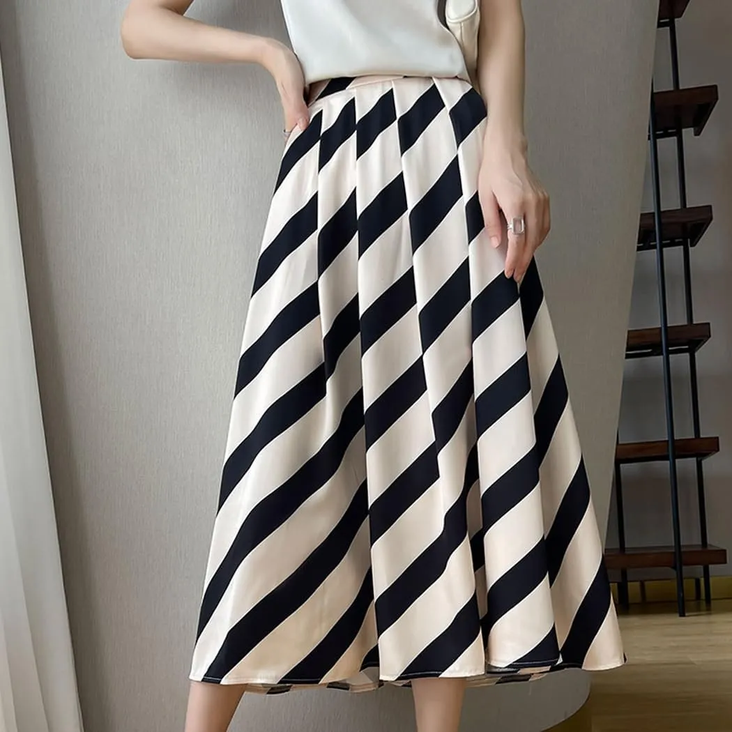 Women Long Satin Skirt Silk Stripe Contrast Hidden Elasticized Waistband High Waist Cocktail Party Flared A-Line Midi Skirts