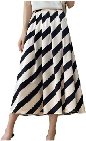 Women Long Satin Skirt Silk Stripe Contrast Hidden Elasticized Waistband High Waist Cocktail Party Flared A-Line Midi Skirts
