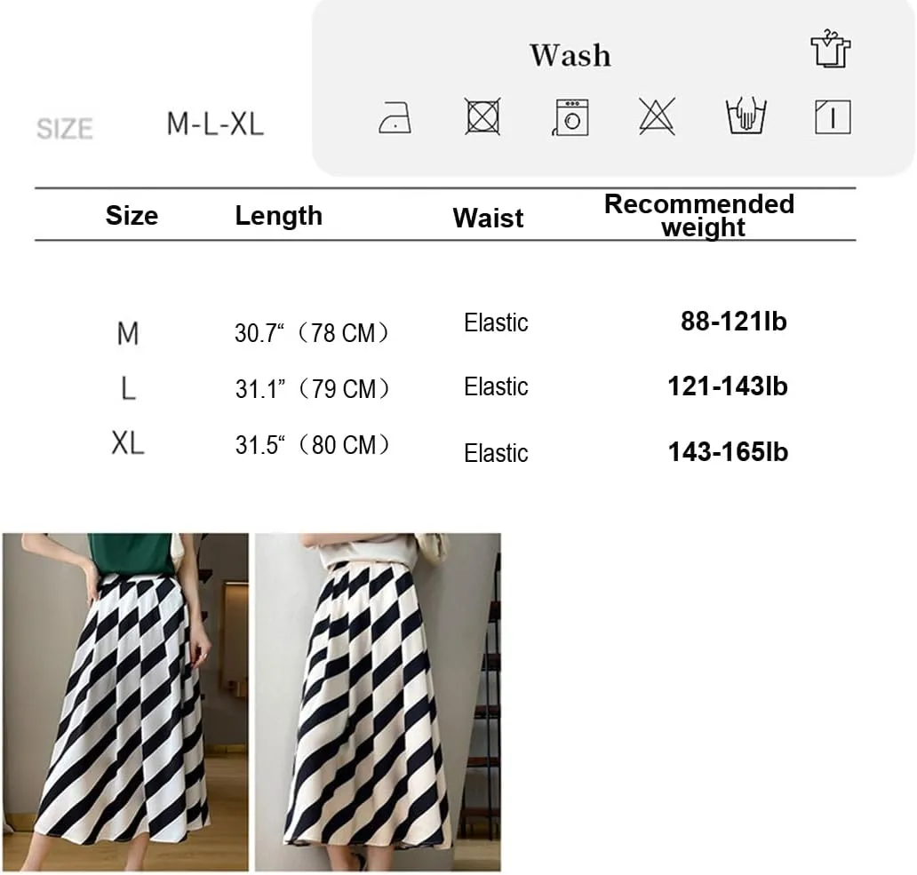 Women Long Satin Skirt Silk Stripe Contrast Hidden Elasticized Waistband High Waist Cocktail Party Flared A-Line Midi Skirts