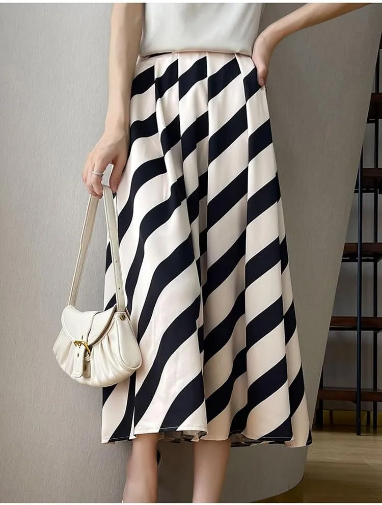 Women Long Satin Skirt Silk Stripe Contrast Hidden Elasticized Waistband High Waist Cocktail Party Flared A-Line Midi Skirts