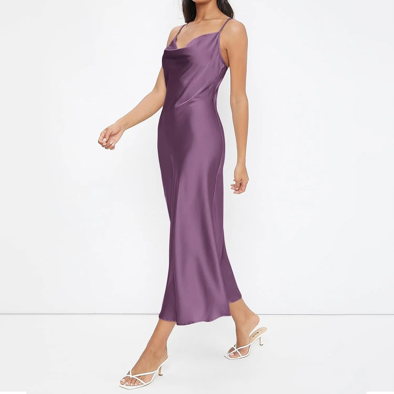 Women Satin Slip Midi Dress Cowl Neck Spaghetti Strap Silk Dress Elegant Cocktail Wedding Guest Evening Party Dresses