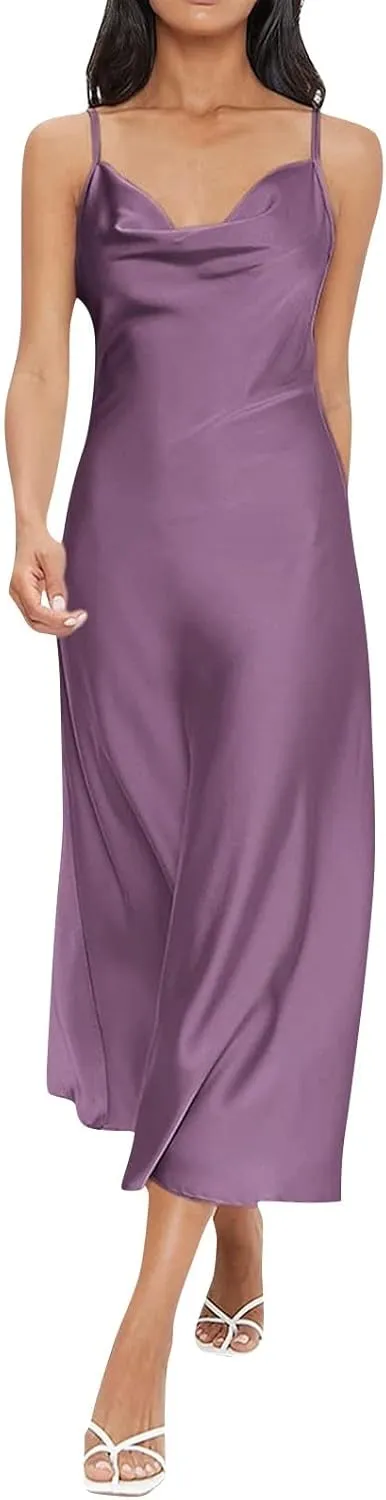 Women Satin Slip Midi Dress Cowl Neck Spaghetti Strap Silk Dress Elegant Cocktail Wedding Guest Evening Party Dresses
