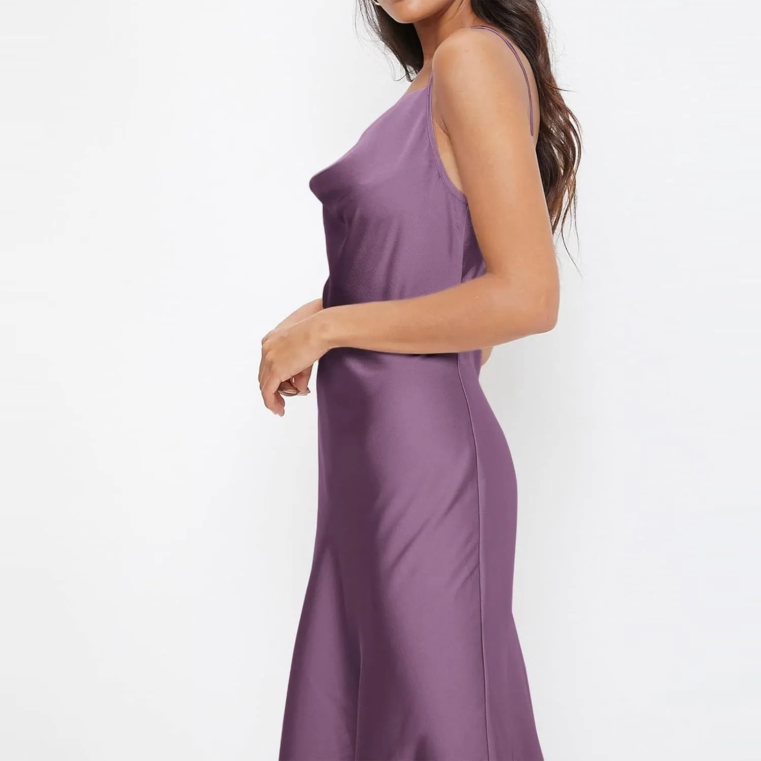 Women Satin Slip Midi Dress Cowl Neck Spaghetti Strap Silk Dress Elegant Cocktail Wedding Guest Evening Party Dresses