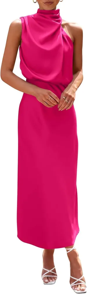 Women Sleeveless Mock Neck Cocktail Dresses Summer Long Satin Dress Elegant Party Side Slit Flowy Maxi Tank Dresses