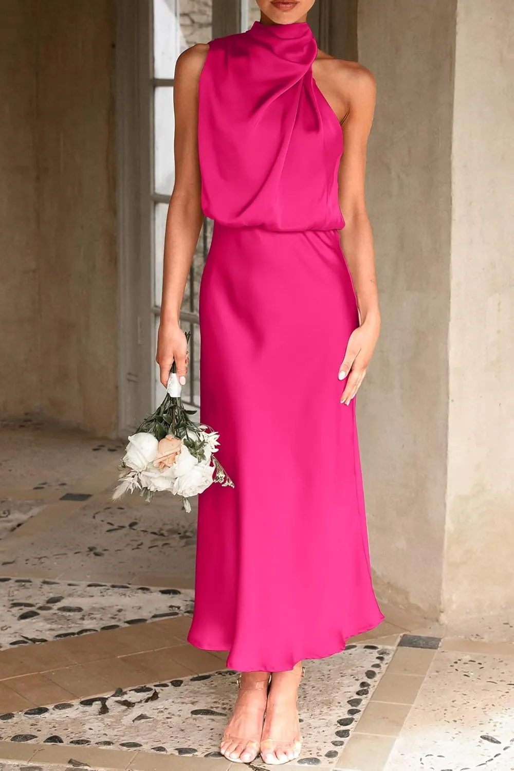 Women Sleeveless Mock Neck Cocktail Dresses Summer Long Satin Dress Elegant Party Side Slit Flowy Maxi Tank Dresses