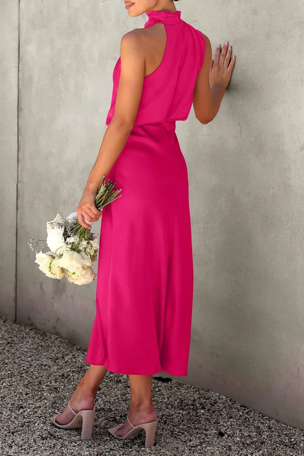Women Sleeveless Mock Neck Cocktail Dresses Summer Long Satin Dress Elegant Party Side Slit Flowy Maxi Tank Dresses