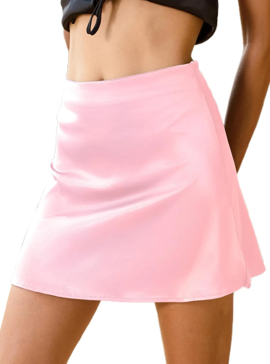 Women's Casual Slit Hem Satin Silk Skirts High Waisted A-Line Summer Short Mini Skirt