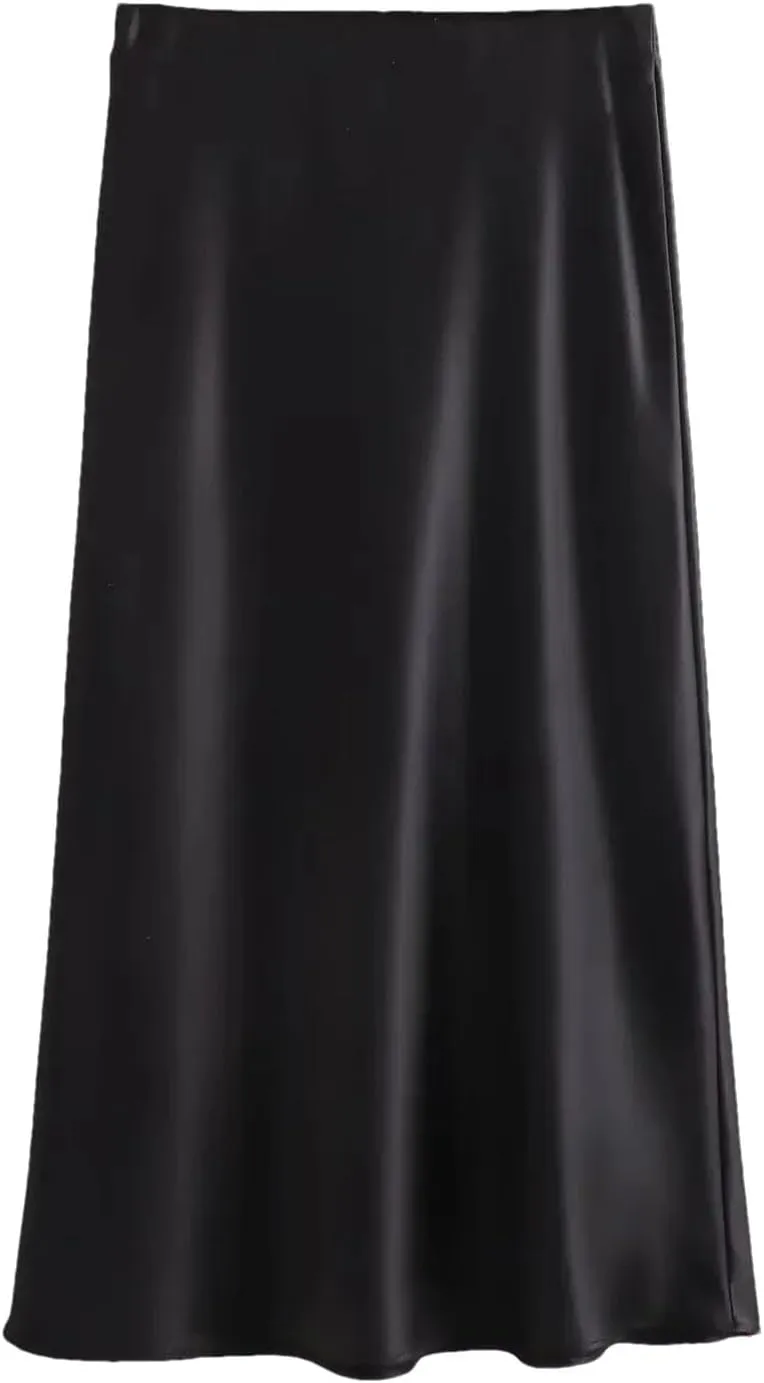 Women's Elegant Midi Satin Skirt High Waist Straight Party Silk Skirt Satin Long Skirt Black
