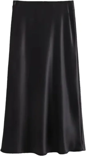 Women's Elegant Midi Satin Skirt High Waist Straight Party Silk Skirt Satin Long Skirt Black