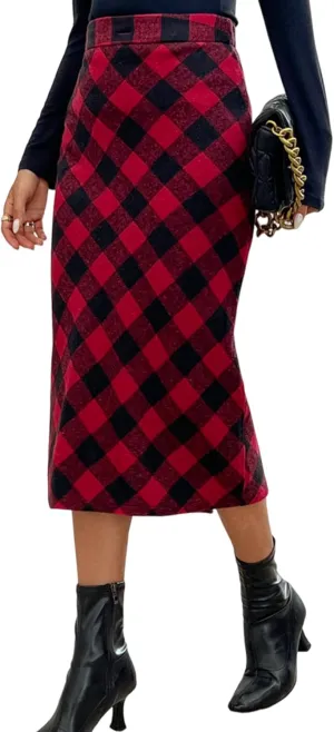 Womens Flannel Plaid Straight Vintage A Line Midi Length Long Pencil Skirt