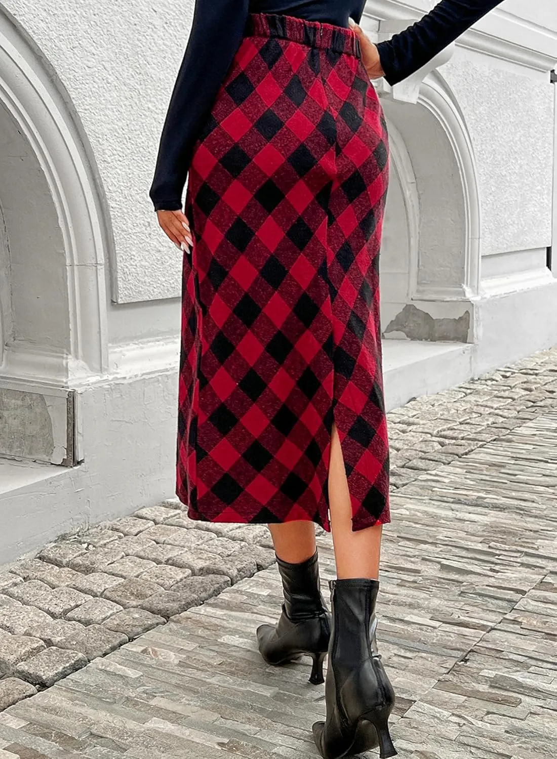 Womens Flannel Plaid Straight Vintage A Line Midi Length Long Pencil Skirt