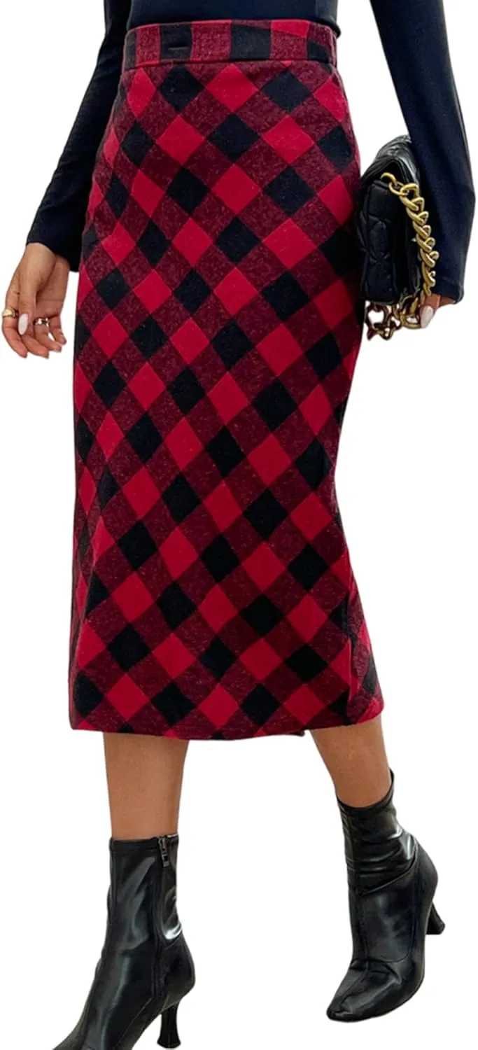 Womens Flannel Plaid Straight Vintage A Line Midi Length Long Pencil Skirt